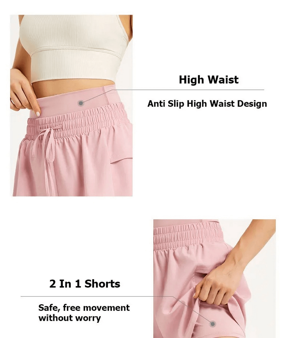 Women's pink high-waist drawstring athletic shorts with anti-slip design and 2-in-1 feature for safe, free movement.